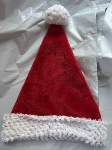 Adult Merry Brite Plush Santa Hat Red with White & Sequin Trim New