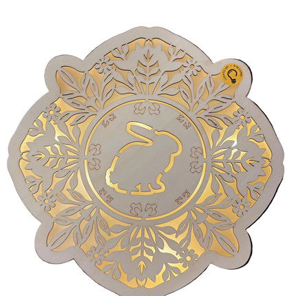 Wooden Décor – Rabbit Medallion with Floral Cutouts (10" Height × 10" Width, Wall Hangable)