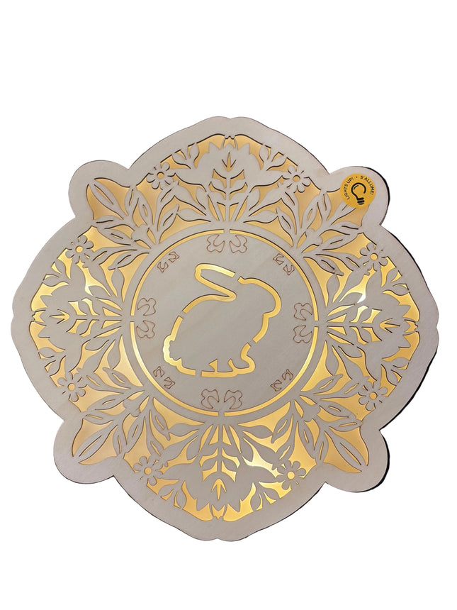 Wooden Décor – Rabbit Medallion with Floral Cutouts (10" Height × 10" Width, Wall Hangable)