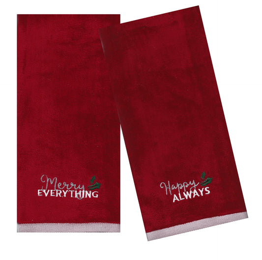 Red Bath Hand Towel, Embroidery Merry Everything , Set of 2, St. Nicholas Square