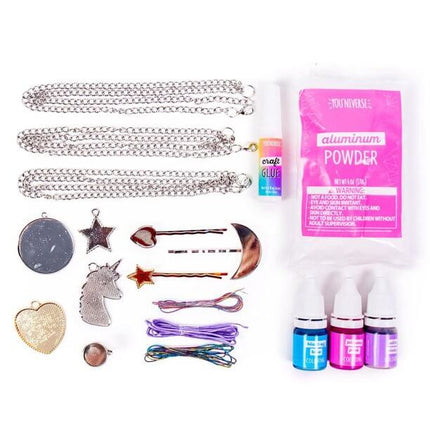 YOUniverse Crystal Growing Jewelry Kit contents including chains, pendants, coloring dyes, aluminum powder, craft glue, and accessories for making crystal jewelry