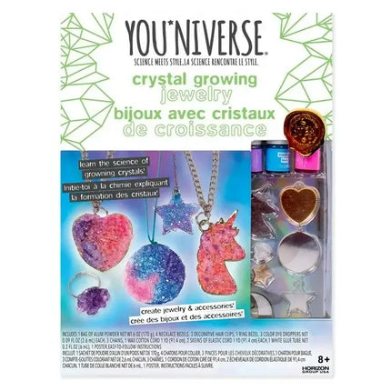 YOUniverse Crystal Growing Jewelry Kit packaging featuring colorful crystal jewelry pieces, accessories, and crafting materials for kids ages 8 and up