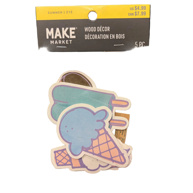 Summer Ice Cream Wooden Craft Shapes – DIY Wood Décor Set (5 Pieces)