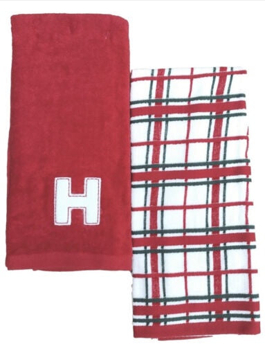 St Nicholas Square Red Christmas Plaid "H" Monogram Hand Towel Set, 2 piece