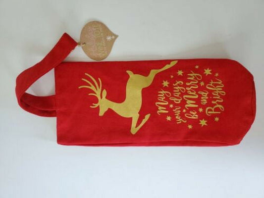 Wine bottle tote bag, Red and Gold, Deer, May Your Days Be Merry and Bright