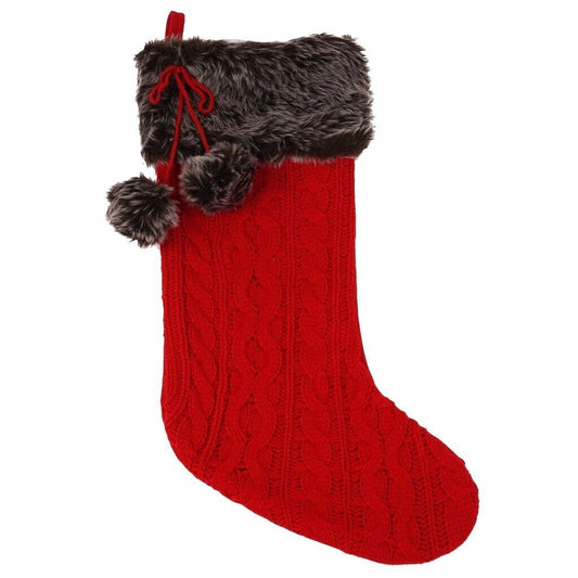 Red Cable Knit Holiday Stocking Red Faux Fur Cuff & Pompoms 21" Ashland