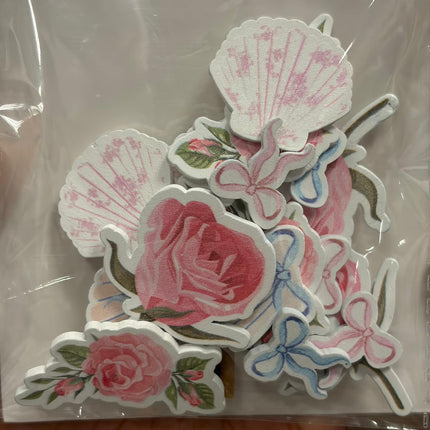 Pink Floral Wooden Craft Shapes – Rose, Bow &amp; Seashell Set (18 Pieces)