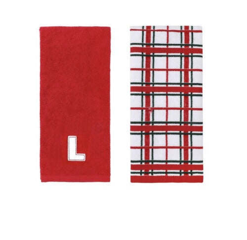 St. Nicholas Square L Monogram Hand Towel 2 Pack Set New with Tags Red Plaid