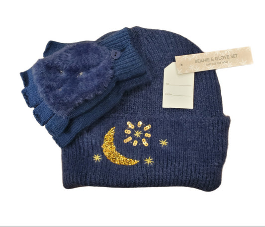 BEANIE AND GLOVE SET, LAGOON BLUE WITH GOLD MOON & STARS, ONE SIZE FITS MOST