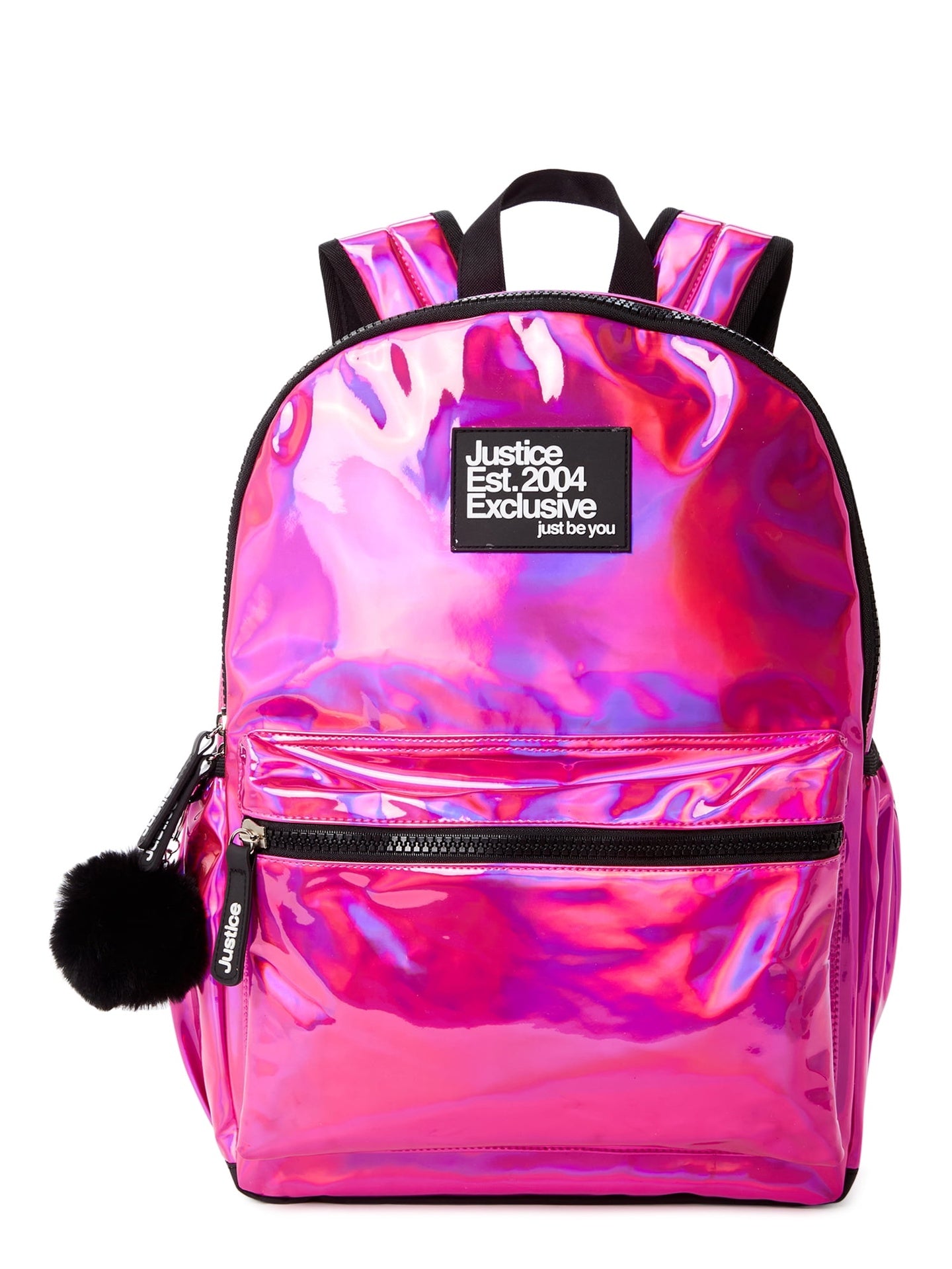 Justice Girls 17" Laptop Backpack with Pom Pom Dangle, Iridescent Pink