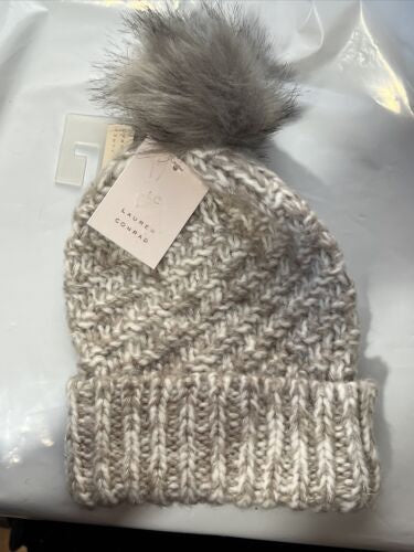 LC Lauren Conrad Marled Striped Pom Pom Beanie, Cream & Brown & Silver Taupe