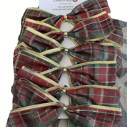 NEW - 6 CELEBRATE IT Christmas 5" BOWS HOLIDAY DECOR- Gold Plaid