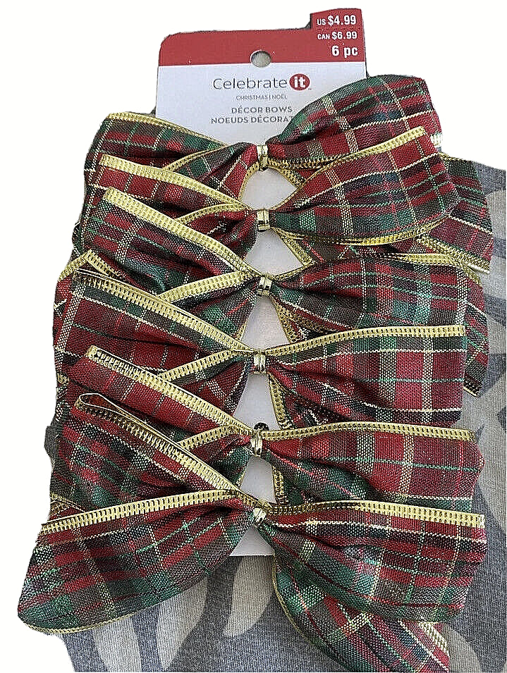 NEW - 6 CELEBRATE IT Christmas 5" BOWS HOLIDAY DECOR- Gold Plaid