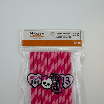 Halloween Pink Striped Paper Straws with Decorative Toppers – 12 Pack
