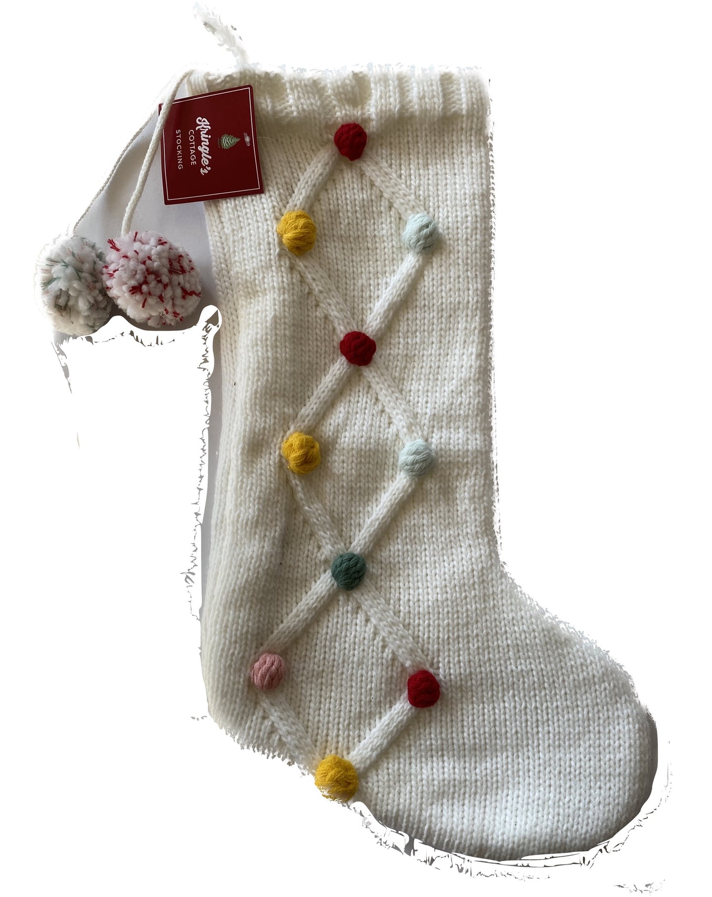 WHITE CHRISTMAS KRINGLE'S COTTAGE KNIT STOCKING with POM POMS