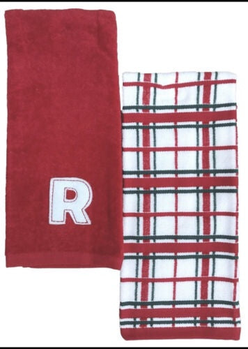 St Nicholas Square Red Christmas Plaid "R" Monogram Hand Towel Set, 2 piece