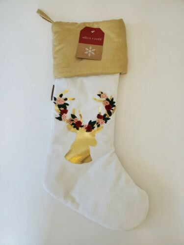 Christmas stocking, Plush White and Gold, Reindeer, Ethan Allen