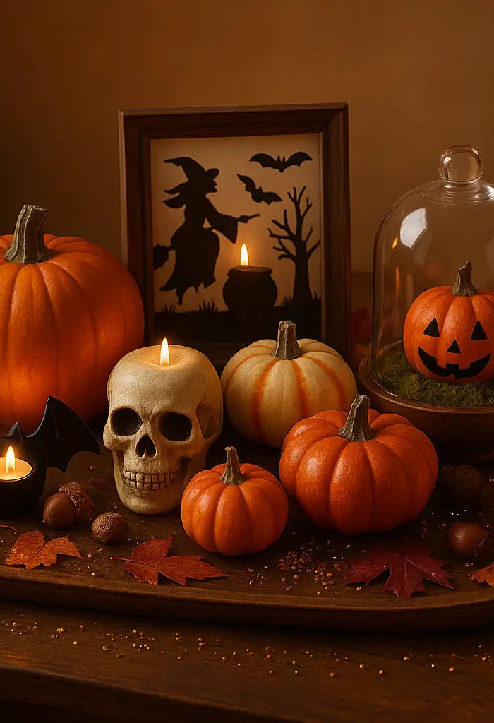 Wooden table with Halloween tabletop decor including pumpkins, skull candle, bat-shaped holders, framed witch art, and autumn leaves arranged in a warm, festive centerpiece.
