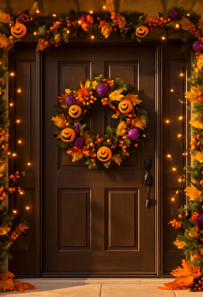 Front door decorated with Halloween wreath, garlands, pumpkins, and autumn leaves under warm sunlight, creating a festive and inviting seasonal display.