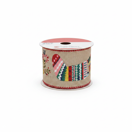 Celebrate It Christmas wired ribbon spool with natural burlap texture and colorful Christmas stocking pattern in red pink teal and yellow on white background