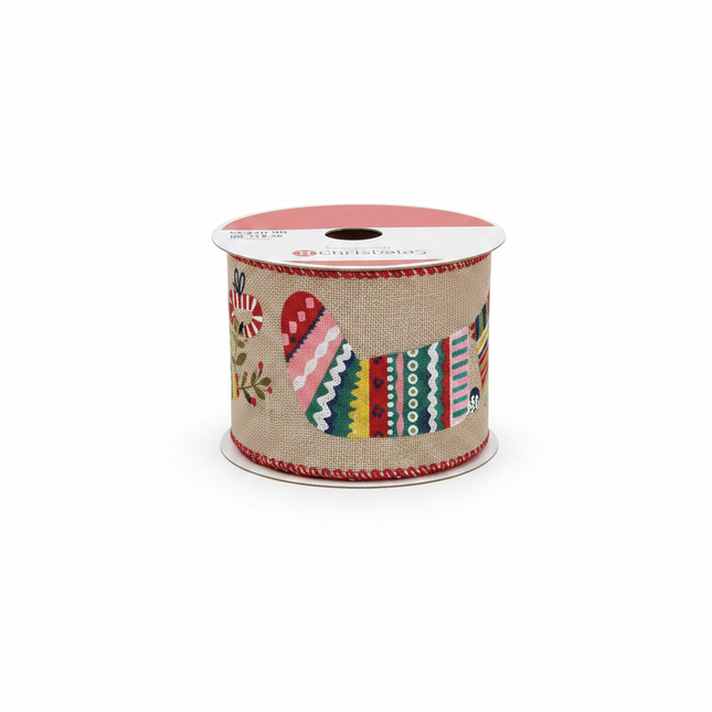 Celebrate It Christmas wired ribbon spool with natural burlap texture and colorful Christmas stocking pattern in red pink teal and yellow on white background