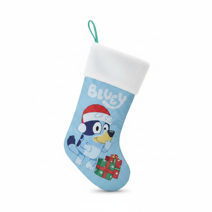 Bluey Christmas stocking 18in on white background, light blue with Bluey character in Santa hat
