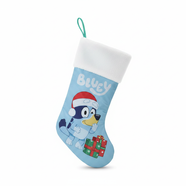 Bluey Christmas stocking 18in on white background, light blue with Bluey character in Santa hat