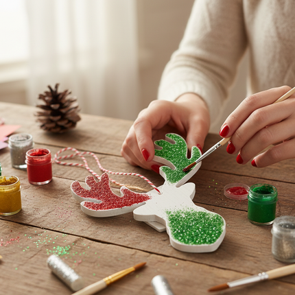 White DIY moose shape wood ornaments 5x4 inch being decorated with paint and glitter on a craft table