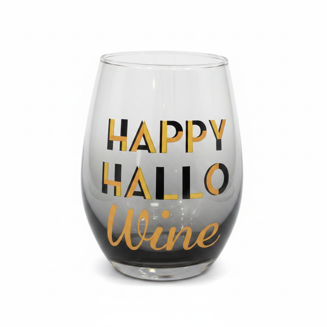 Celebrate It Happy Hallo Wine stemless wine glass 14oz with smoky black ombre and bold black and gold lettering on white background