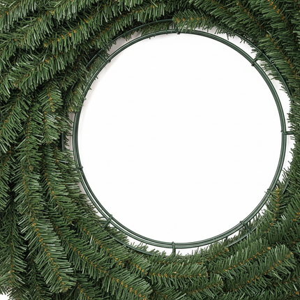 Close-up of lush green pine needles and double ring construction detail of the 36 inch wreath form