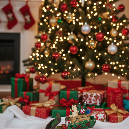 Ashland 4 inch Santa's sleigh Christmas decor figure placed under a Christmas tree with wrapped gifts