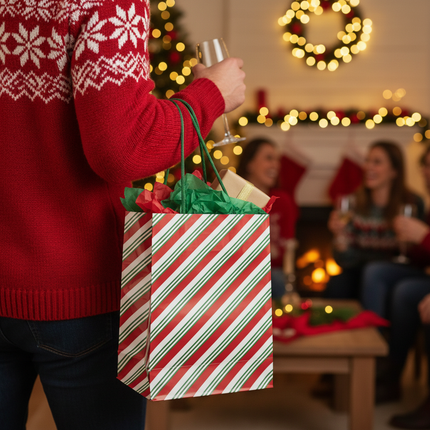 Christmas gift bag with red white and green candy cane stripe pattern and green rope handles filled with tissue paper being carried at a Christmas family gathering