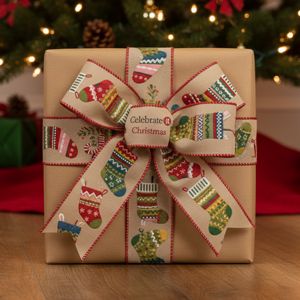 Celebrate It Christmas wired ribbon with burlap texture and colorful stocking pattern tied as a bow on a kraft paper wrapped gift under a Christmas tree