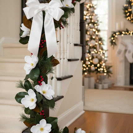 Ashland white magnolia Christmas garland 6ft draped along a staircase banister with white ribbon bows