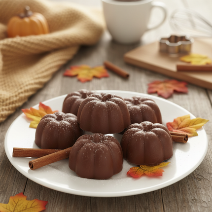 Pumpkin shaped chocolate treats made from a silicone mold arranged on a white plate with cinnamon sticks and autumn leaves
