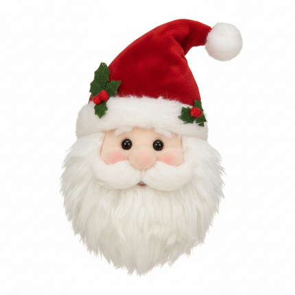 Close-up of Ashland plush Santa head wreath pick showing soft plush fabric white beard red hat and detailed face