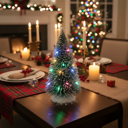 Snow-flocked green spruce tabletop Christmas tree with multicolor lights on dining table