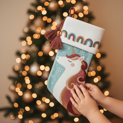 Child holding unicorn Christmas stocking 18in with Christmas tree bokeh background
