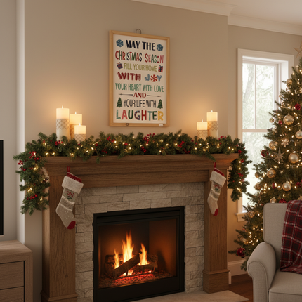 Ashland Christmas wall sign hung above fireplace mantel with holiday garland and candles