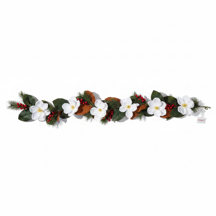 Ashland white magnolia Christmas garland 6ft with large white magnolia blooms and green leaves on white background