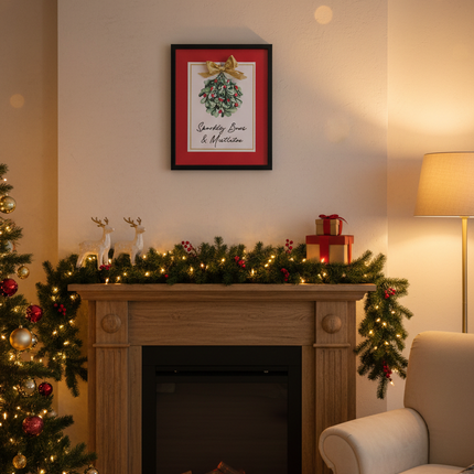 Sparkly Bows and Mistletoe framed wall decor hung in a cozy Christmas living room with holiday decor