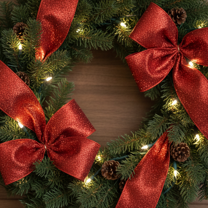 Celebrate It red glitter wired ribbon woven through a Christmas wreath with white lights and pine cones