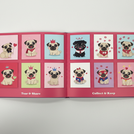Pugs and Kisses illustrated notes book open showing cute pug illustrated note cards inside