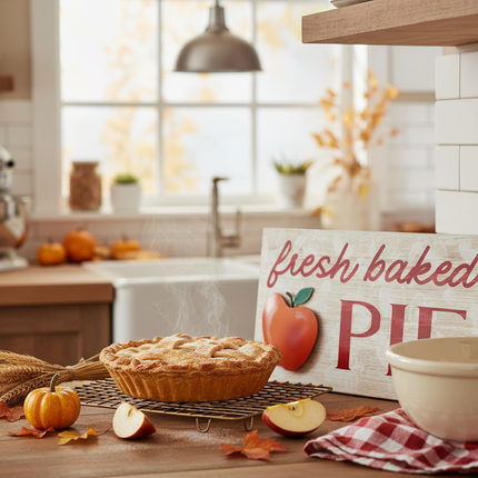 Rustic fresh baked PIE wood sign styled on a farmhouse kitchen counter with apple pie and autumn decor