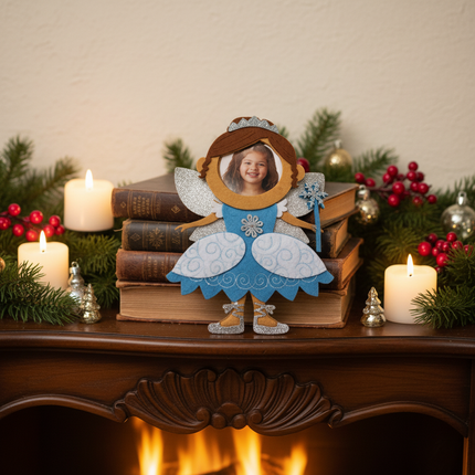 Studio Decor Kids Felt Brown Hair Fairy Photo Ornament on holiday mantle with photo inserted