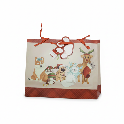 Celebrate It large horizontal Christmas gift bag with cute holiday pets design featuring corgi pug cat and dog with reindeer antlers and red ribbon handles on white background