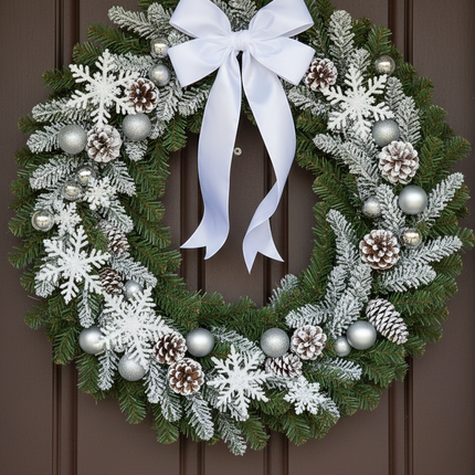 Large 36 inch green pine wreath decorated with white snowflakes, silver ornaments, white ribbon and frosted pinecones on a front door