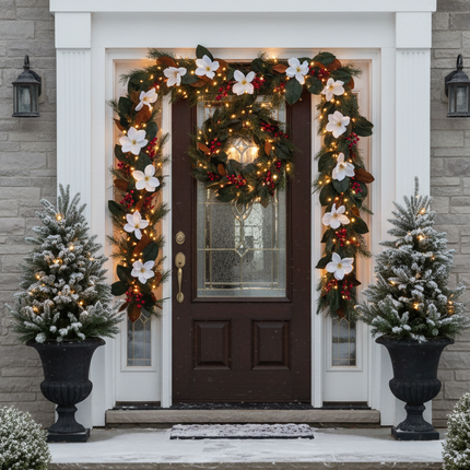 Ashland white magnolia Christmas garland 6ft draped over a front door entryway with white lights