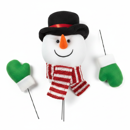 All 5 pieces of Christmas snowman wreath decor pick kit laid out flat on white background