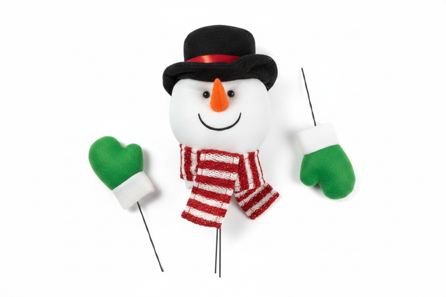 All 5 pieces of Christmas snowman wreath decor pick kit laid out flat on white background